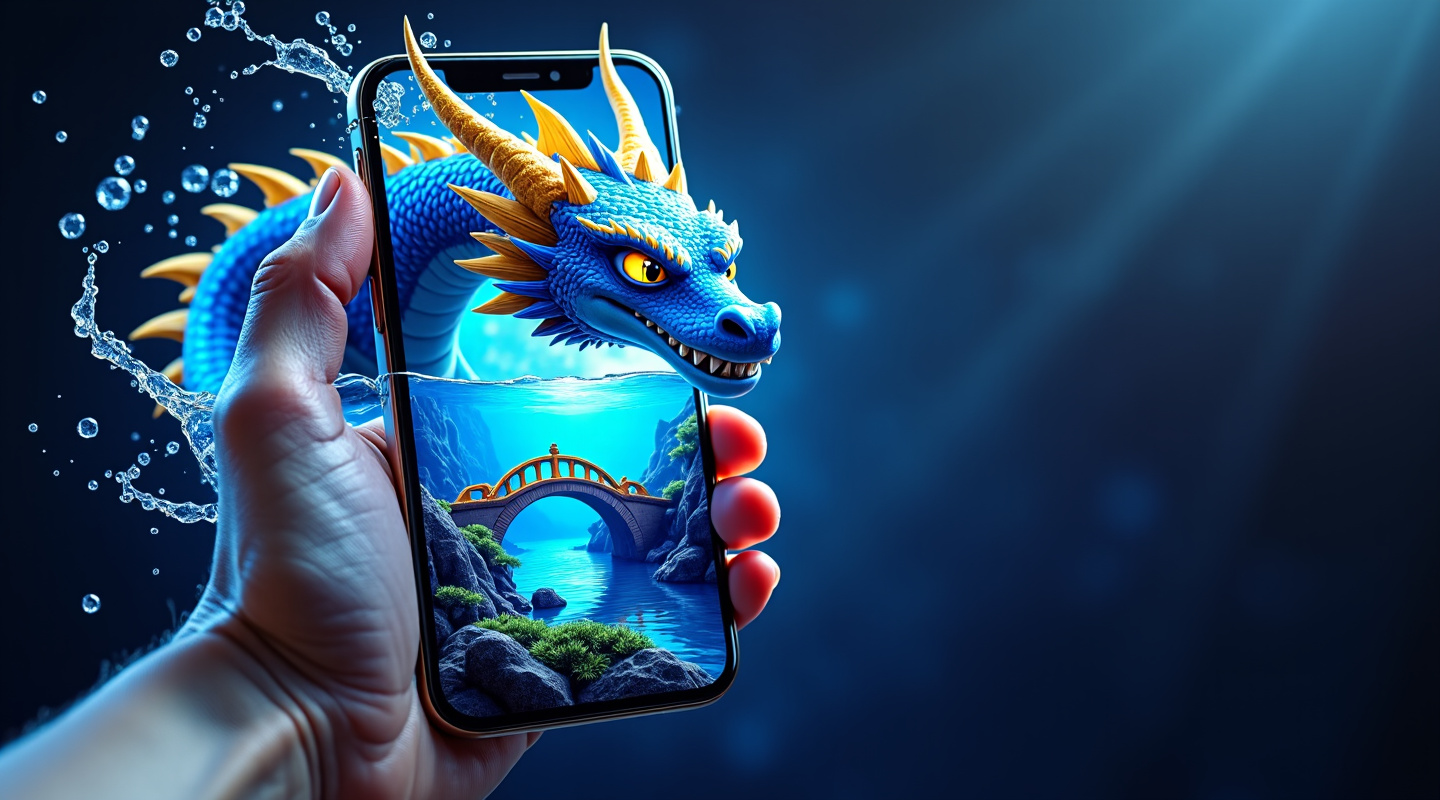 Dragón emergiendo de un teléfono móvil con puente