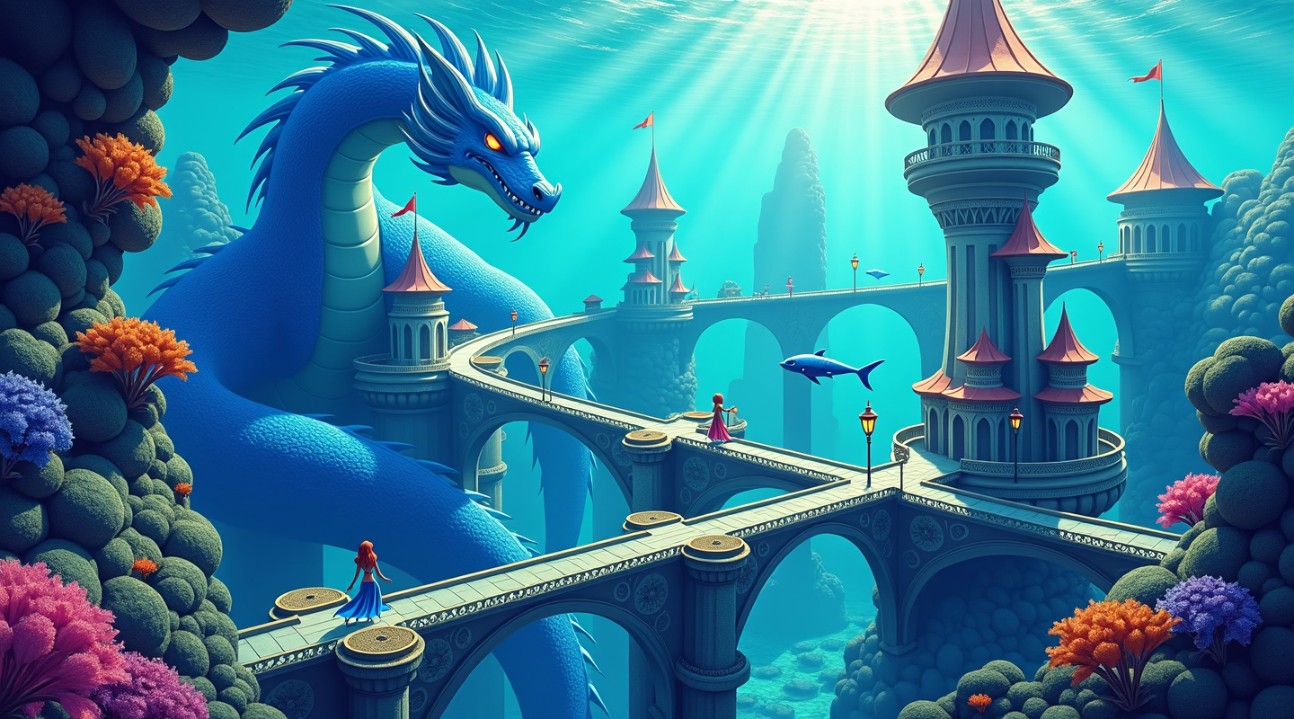 Palacio submarino con dragones y puentes